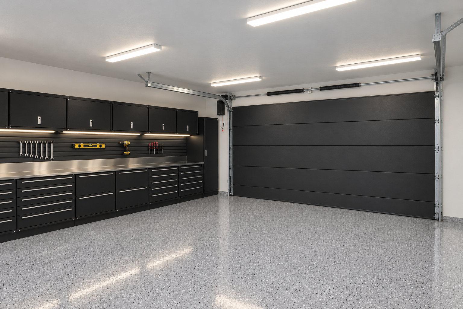 The black cabinet run and the closed flush-panel overhead door, with its tracks curving back along the ceiling, torsion springs over the door and the wall-mount opener beside the shaft