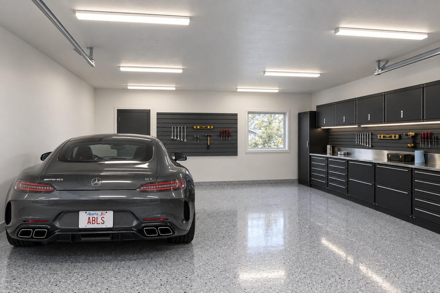 Dark grey Mercedes-AMG GT with an Alberta ABLS plate parked nose-in on the grey flake floor, the charcoal slatwall, man door and window on the back wall and the black cabinet run down the right
