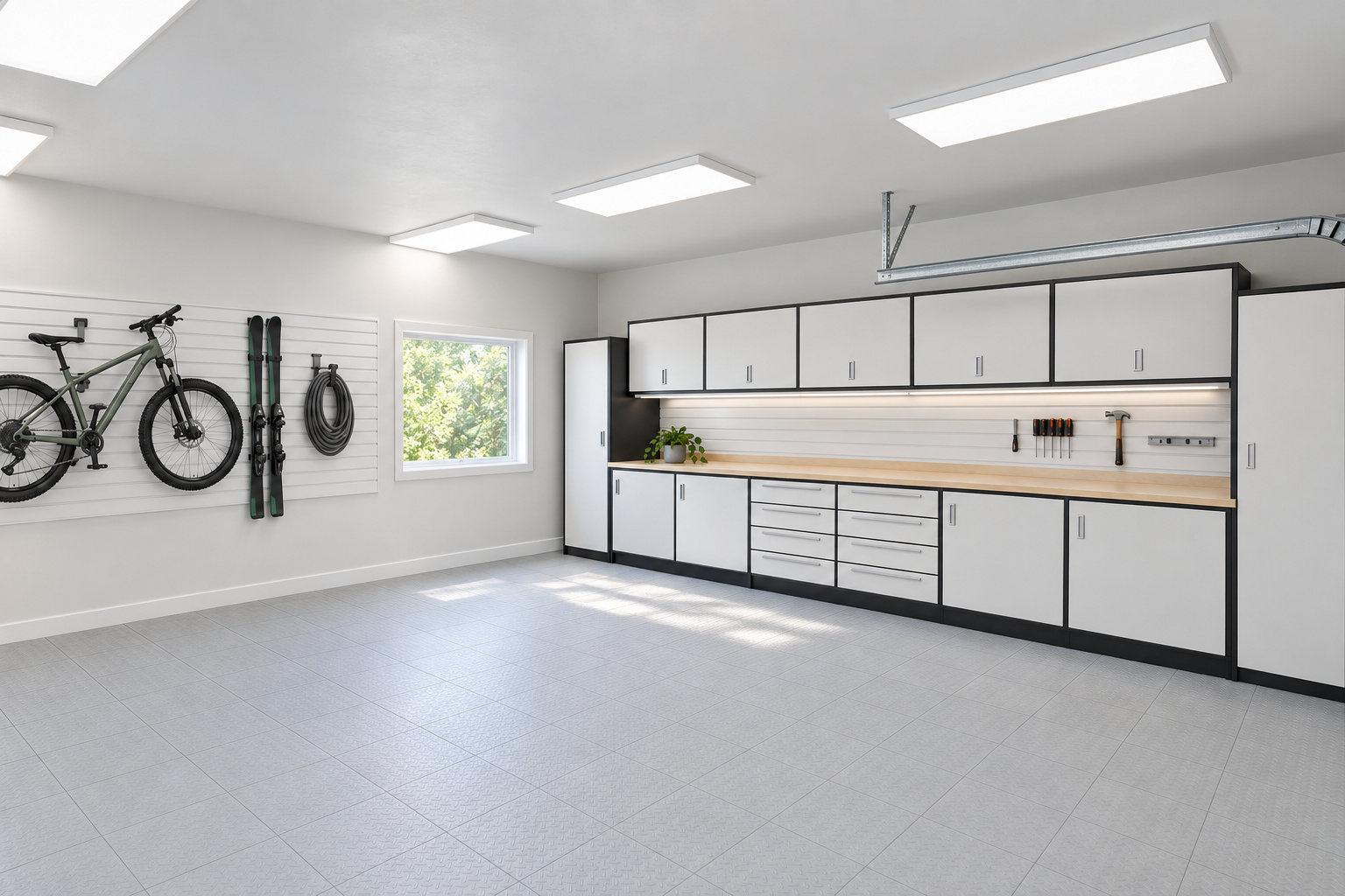 White garage cabinets with a birch worktop, white slatwall and a pale grey tile floor