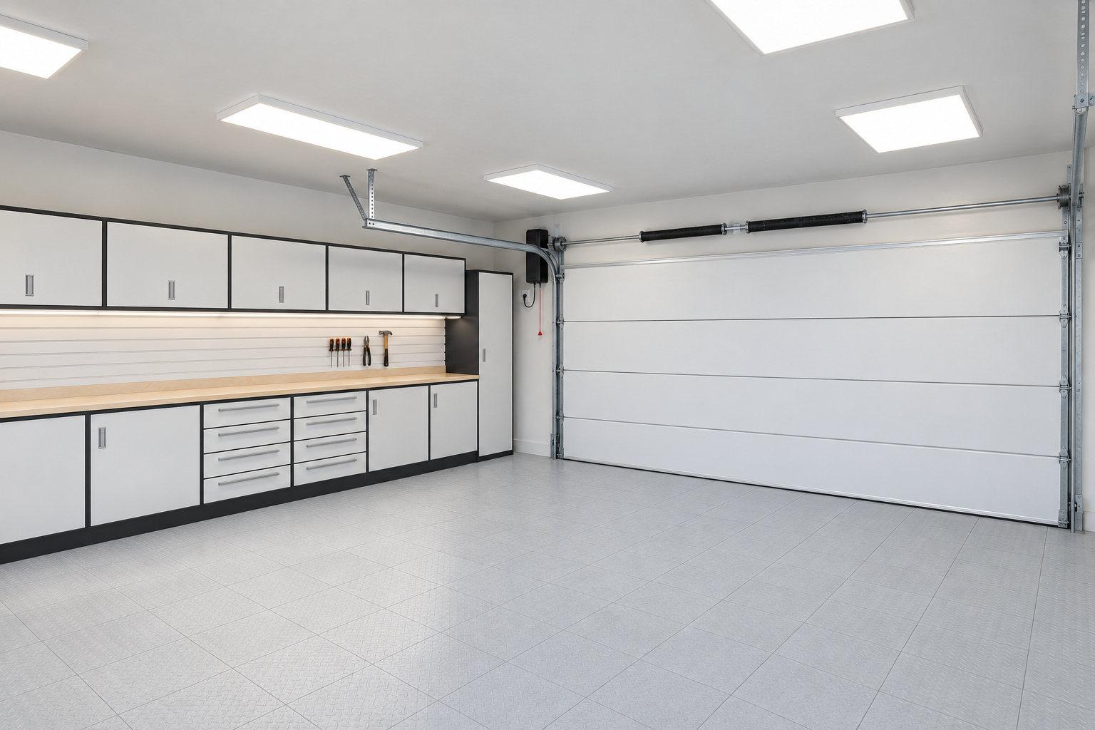 White cabinets and birch worktop running towards the closed white overhead door, with its tracks, torsion springs and wall-mount opener