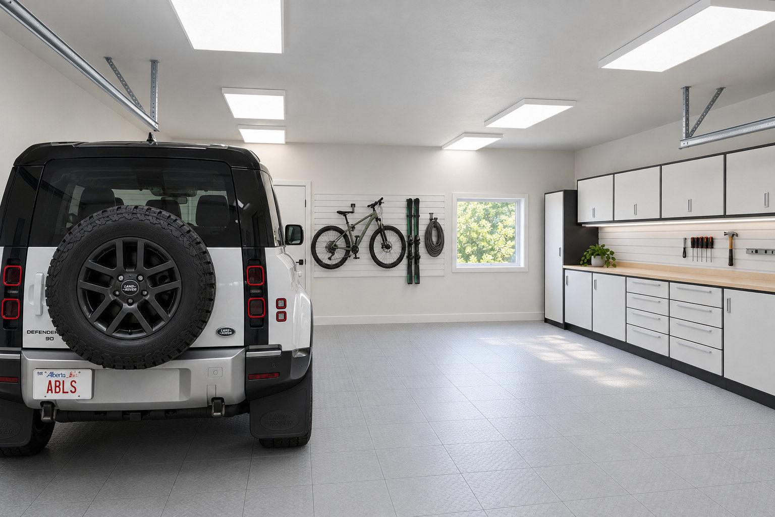 White Land Rover Defender 90 with an Alberta ABLS plate parked nose-in on pale grey floor tile under 2 by 4 foot LED panels, white slatwall and cabinets behind