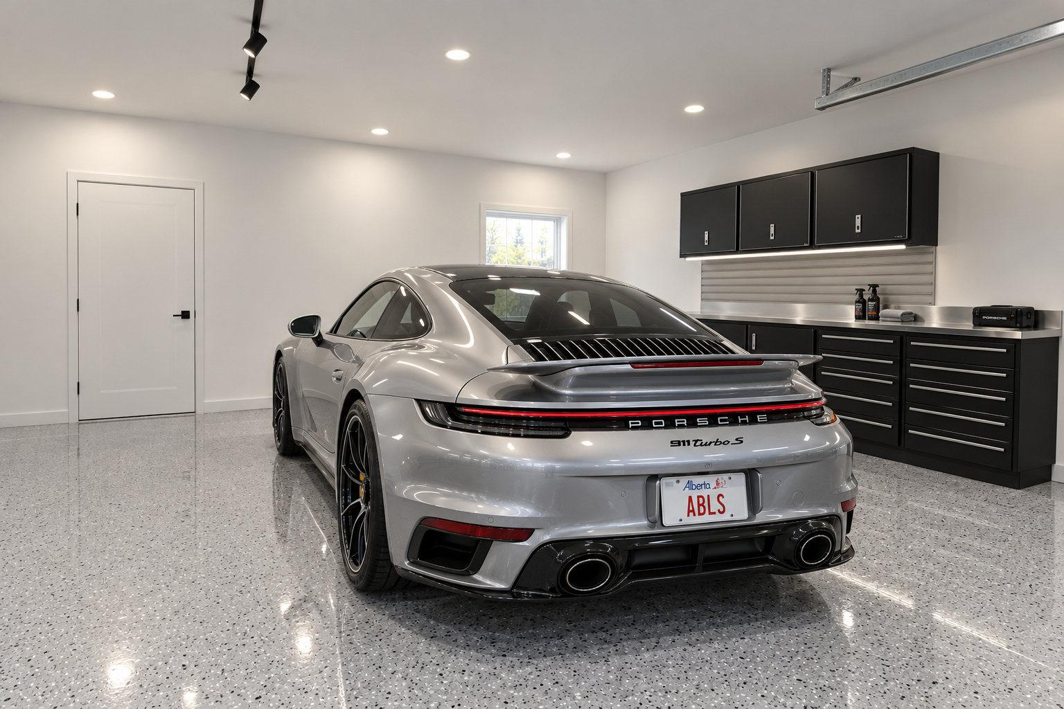 Silver flake epoxy floor with low black cabinets and a sports car in a finished garage