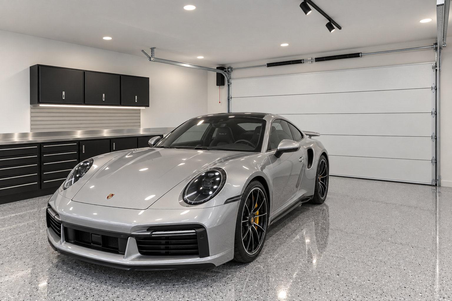 The same silver 911 from the front, the closed white overhead door behind it with its tracks, torsion springs and wall-mount opener, the low black run on the left