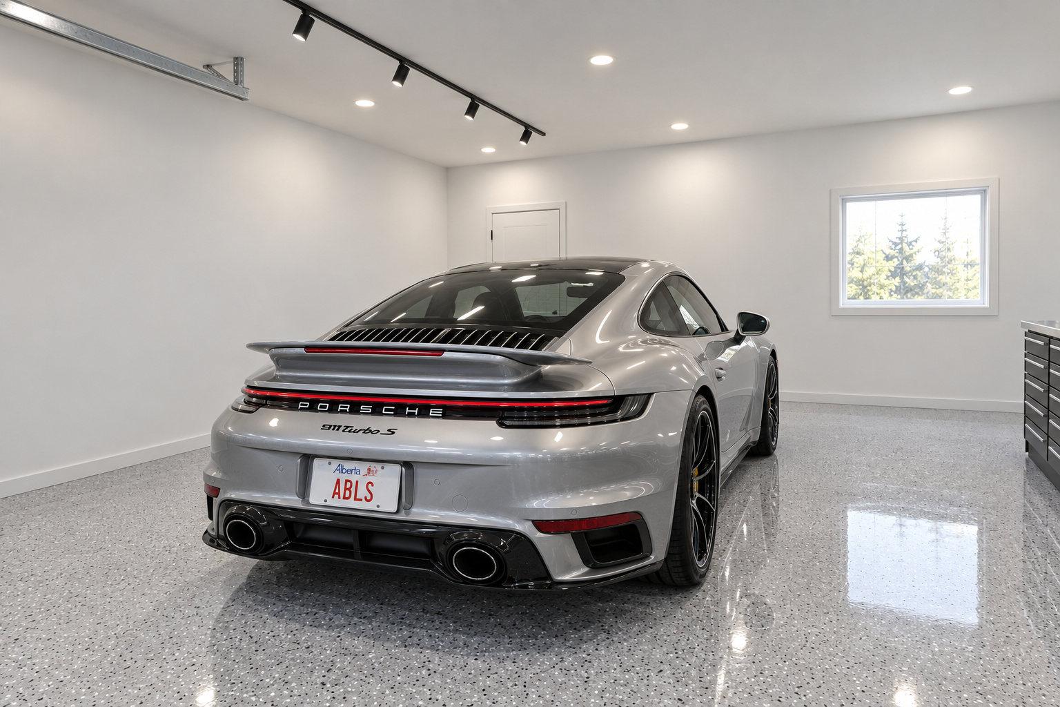 Silver Porsche 911 Turbo S from the rear three-quarter under a track of spotlights, its reflection in the gloss flake floor