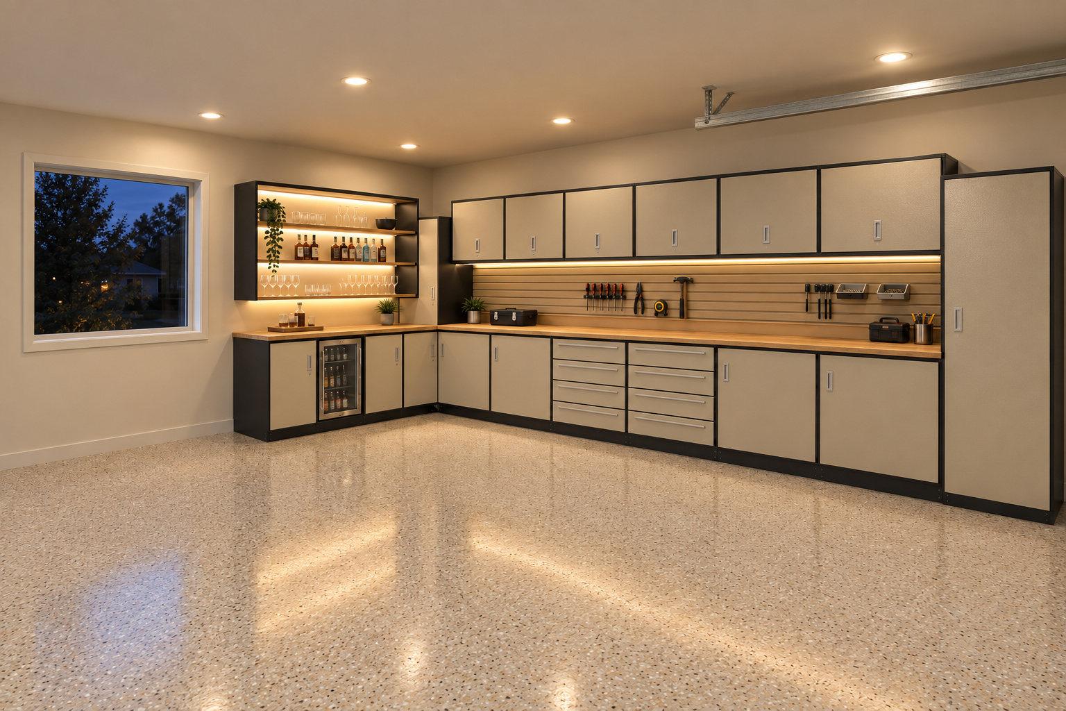 Sandstone garage cabinets with butcher block counters and a warm sand flake floor