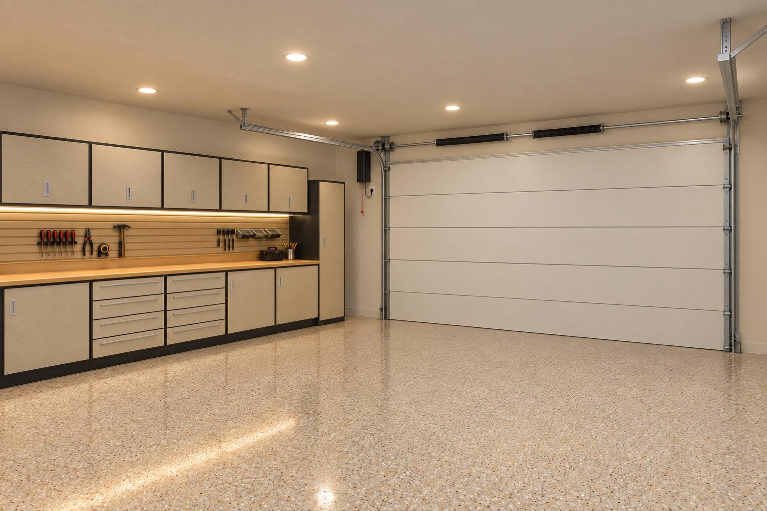 Butcher block worktop and sandstone cabinets running towards the closed overhead door, with its tracks, torsion springs and wall-mount opener