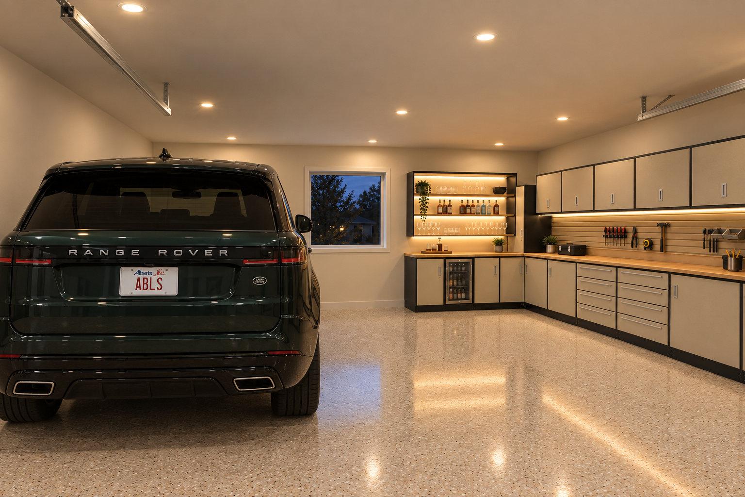Dark green Range Rover with an Alberta ABLS plate parked nose-in on the warm sand flake floor, the lit bar end in the far corner and the cabinet run down the right