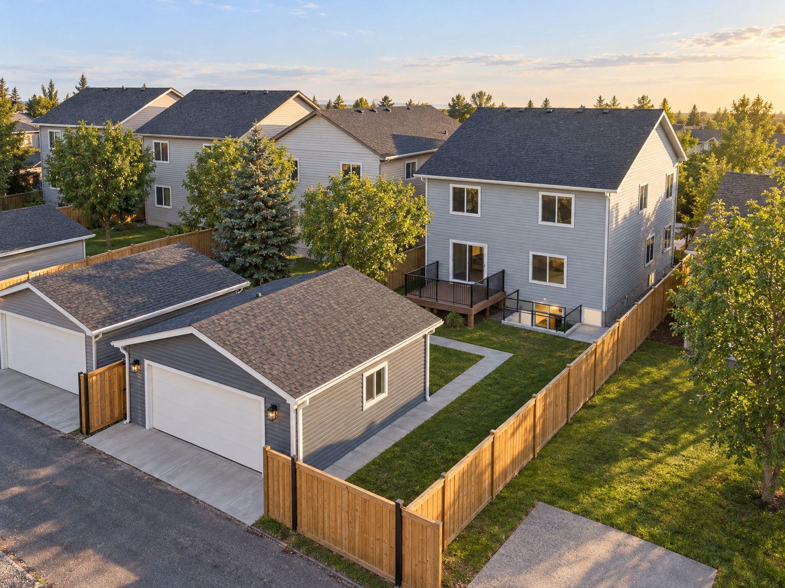 A Calgary home with a lit basement suite entrance and a new vinyl-sided double garage at the back lane