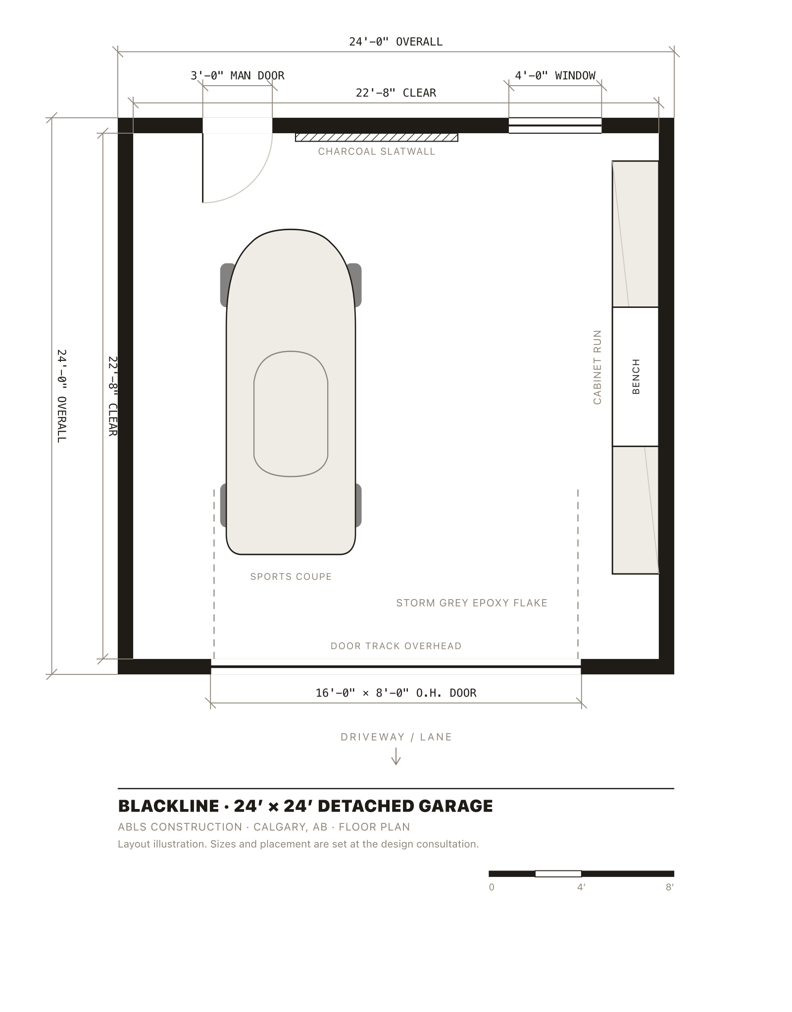Floor plan of a 24 by 24 foot garage: cabinet run and bench down the right wall, charcoal slatwall, man door and window on the rear wall, 16 by 8 overhead door at the front, and a coupe parked in the left bay