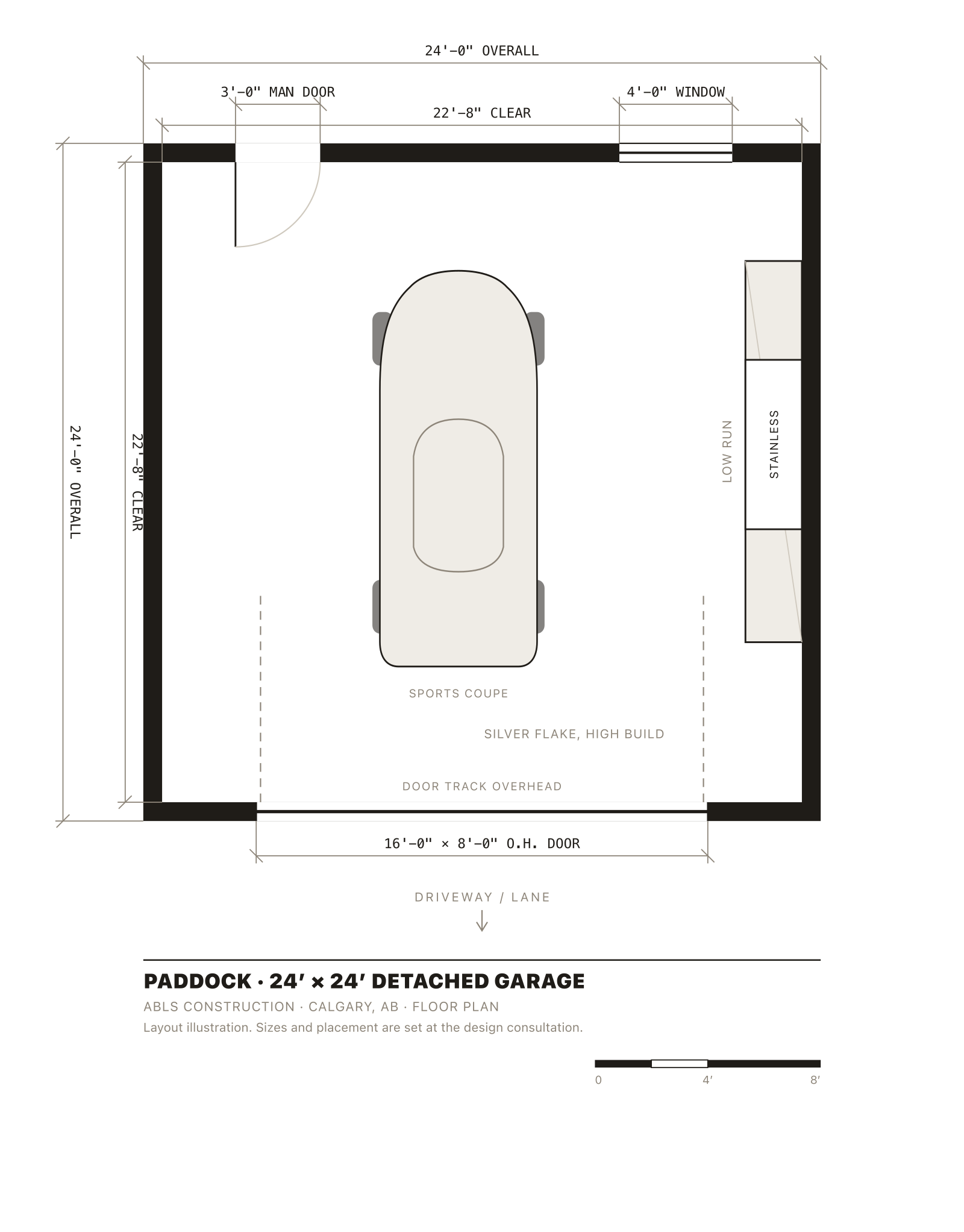 Floor plan of a 24 by 24 foot garage: a low cabinet run and stainless worktop down the right wall, man door and window on the rear wall, and a coupe parked in the centre of the floor