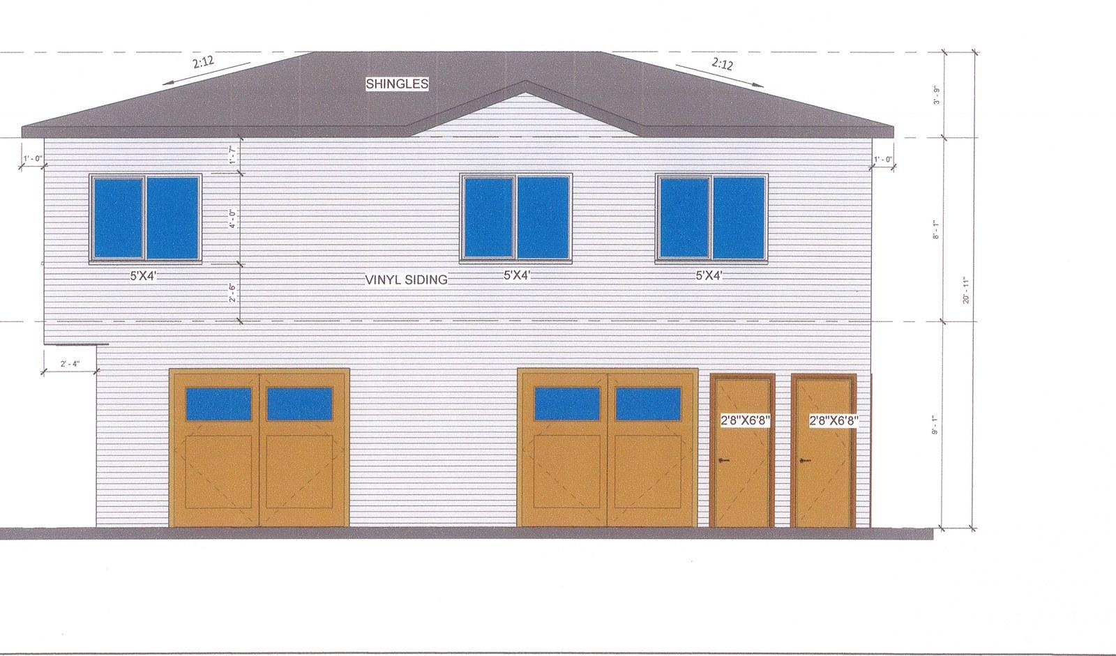 Lane elevation drawing: two 8 by 8 garage doors, two man doors, three 5 by 4 windows above, 2:12 hip roof, 20 ft 11 in overall