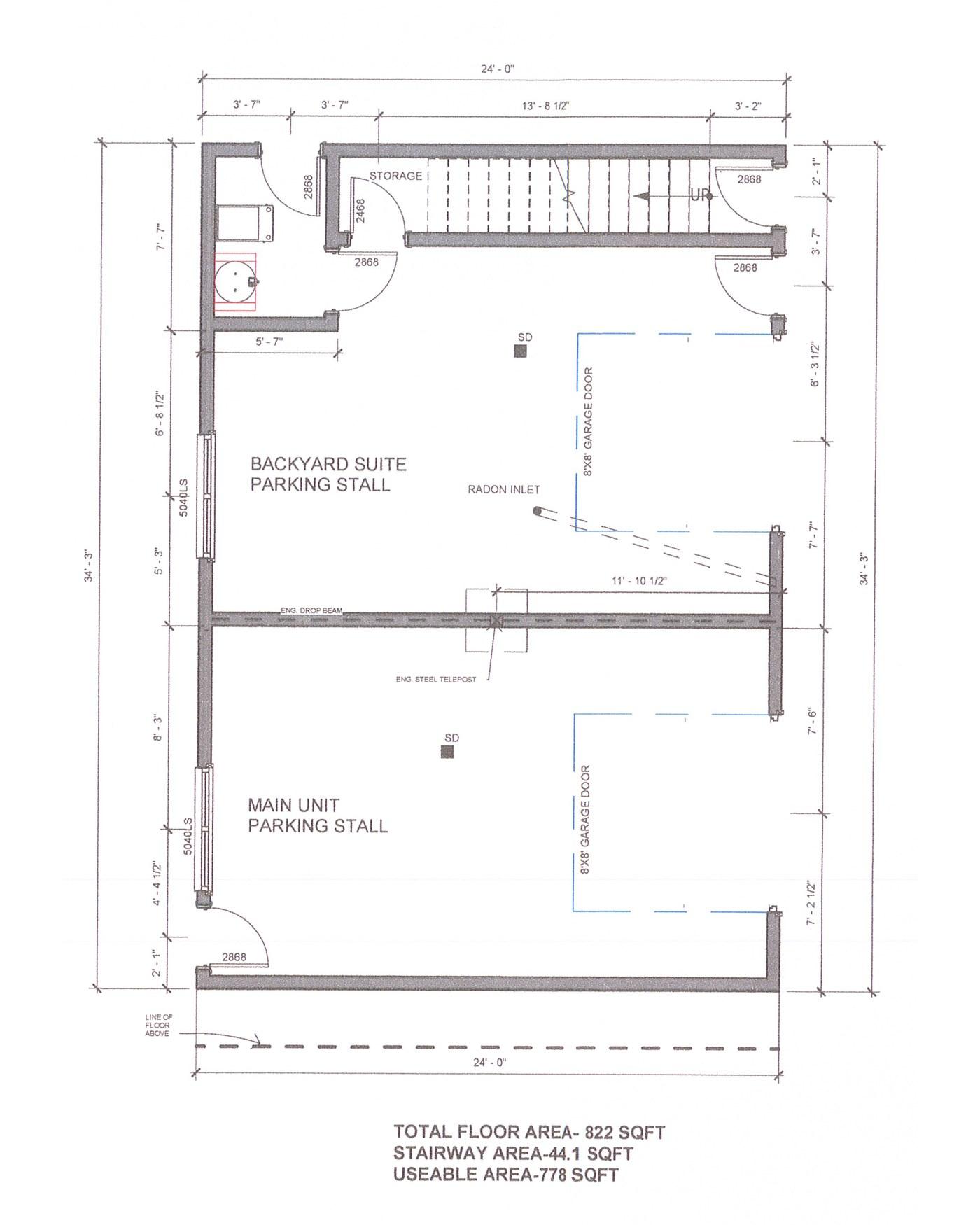 Main floor plan: two parking stalls, two 8 by 8 garage doors, storage under the stair and the mechanical room