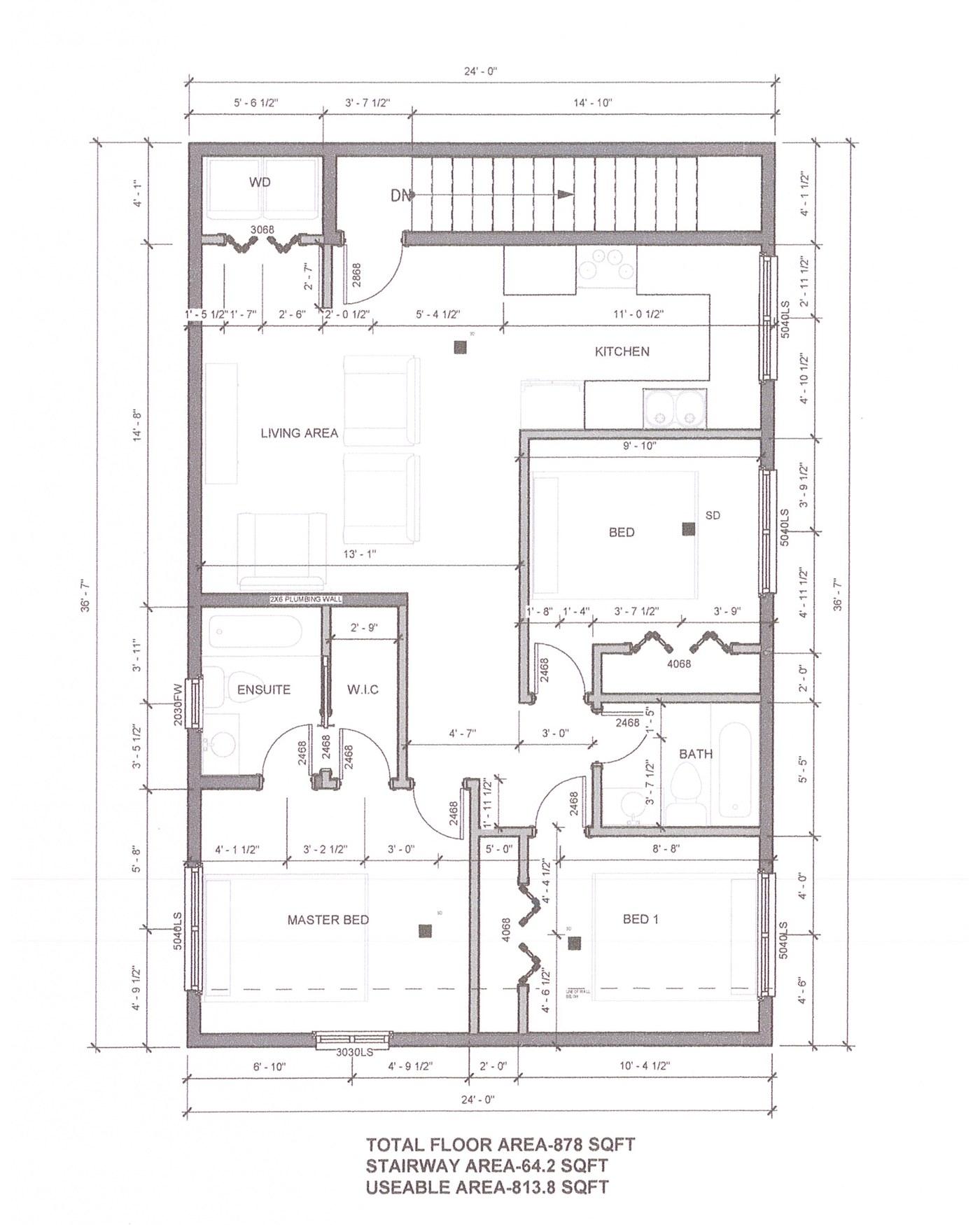 Upper floor plan: living area, kitchen, three bedrooms, ensuite, main bathroom, laundry closet and the stair down