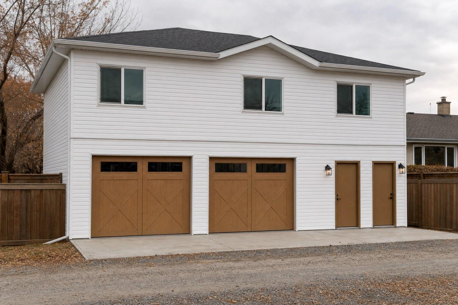 The same lane elevation in colour: white lap siding, charcoal shingles, two carriage-style garage doors and two entry doors on a Calgary back lane
