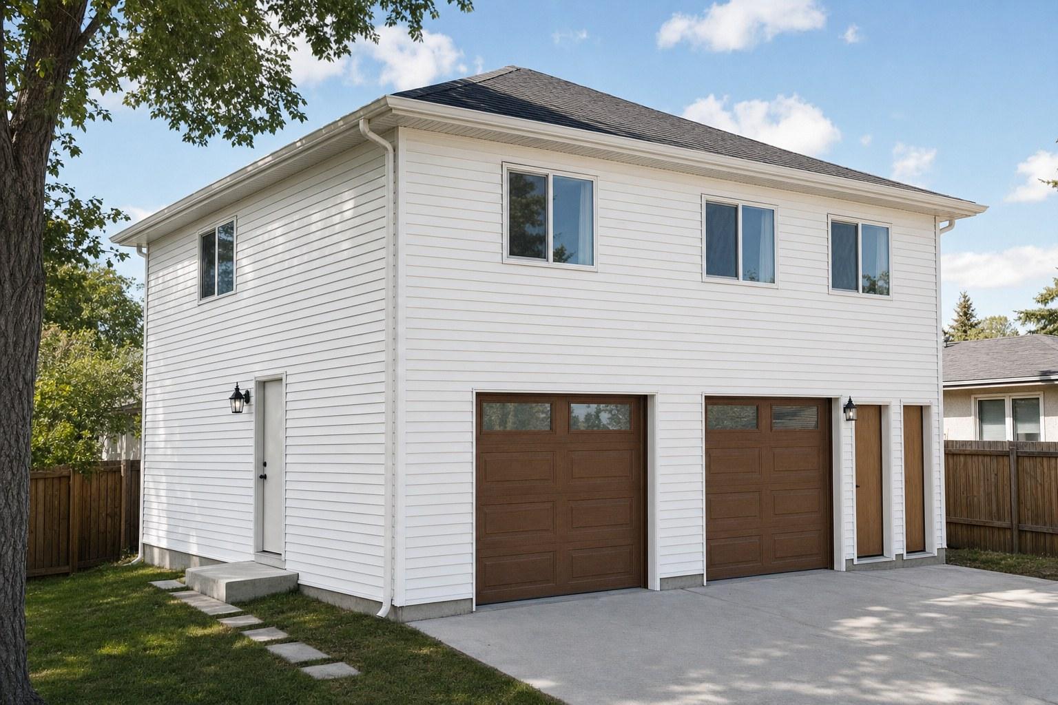 Two-storey garage suite from the back yard: white lap siding, hip roof, two garage doors on the lane side and the suite's own entry door with a concrete landing