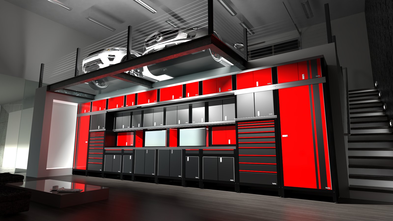 Rendered client garage in red and black: a full wall of closets, uppers and drawer banks, with a stair and a mezzanine above