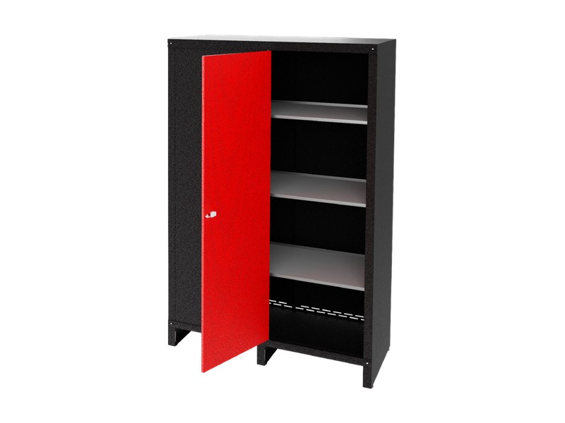 A 75 inch double-door closet with both doors open and three shelves