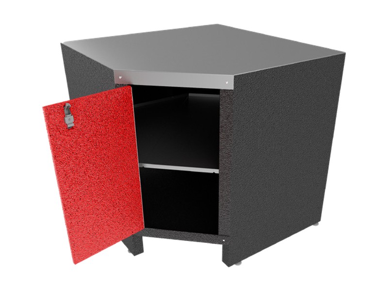 A corner lower cabinet with the door open and the counter running through the corner