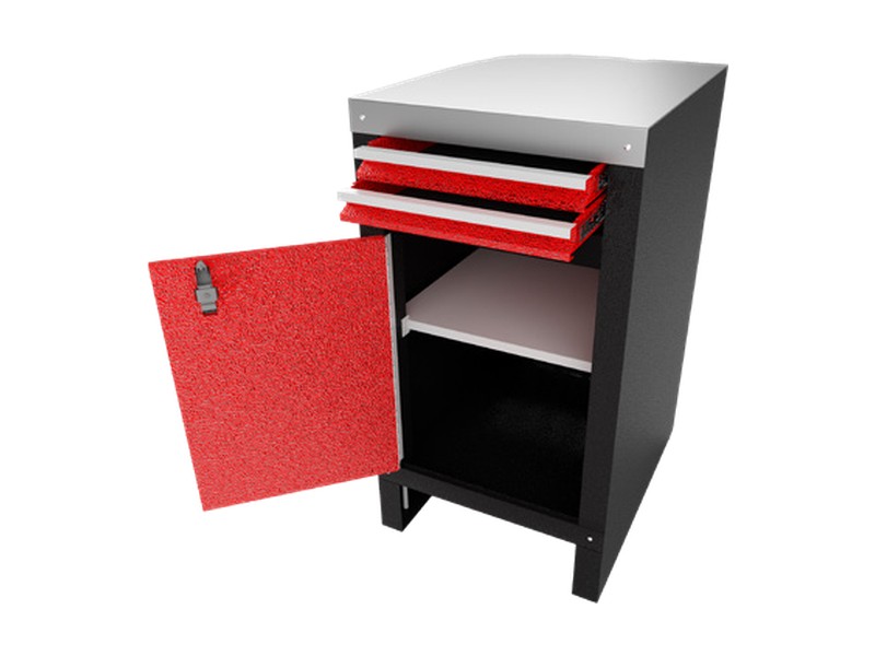 A lower cabinet with two drawers over a door, all open, showing the shelf