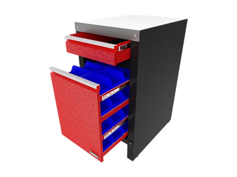 The 19 inch parts bin drawer pulled open, blue poly bins on both sides under a small top drawer