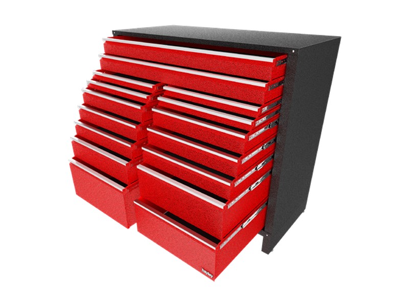 The 54 inch tool chest: sixteen red drawers in two banks under one wide top drawer