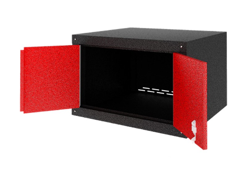 A double-door upper cabinet with both doors open, red doors on a black frame