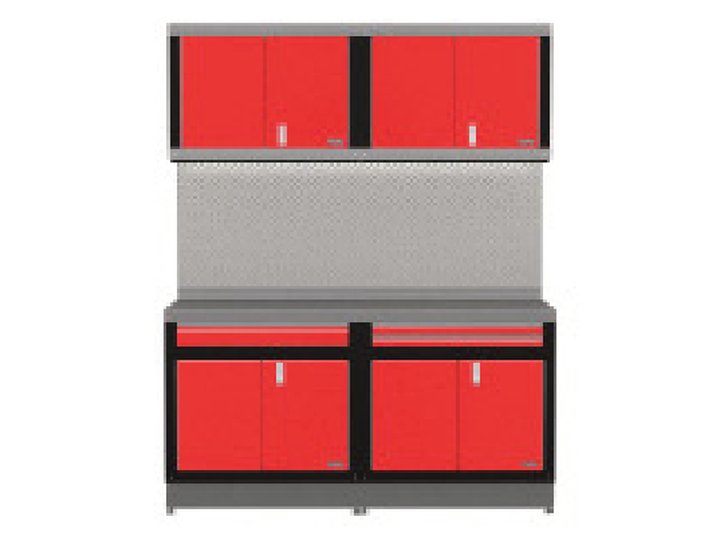 Built-in 1: Two uppers, a single-drawer lower and a 7-drawer tool chest, galvanized counter, checker plate backsplash, LED valance