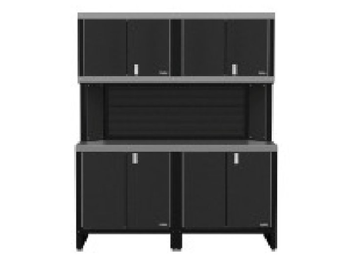 Free-standing 1: Two uppers over two lowers on legs, with pillars and a slatwall backsplash