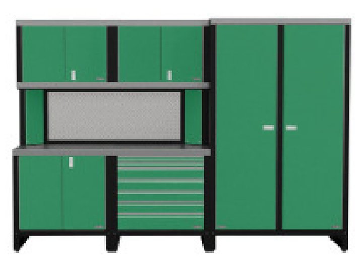 Free-standing 2: A 48 in double-door closet, two uppers, a tool chest and a lower, checker plate backsplash
