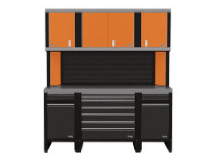Free-standing 3: Tool chest, garbage-bin drawer and parts-bin drawer under three uppers
