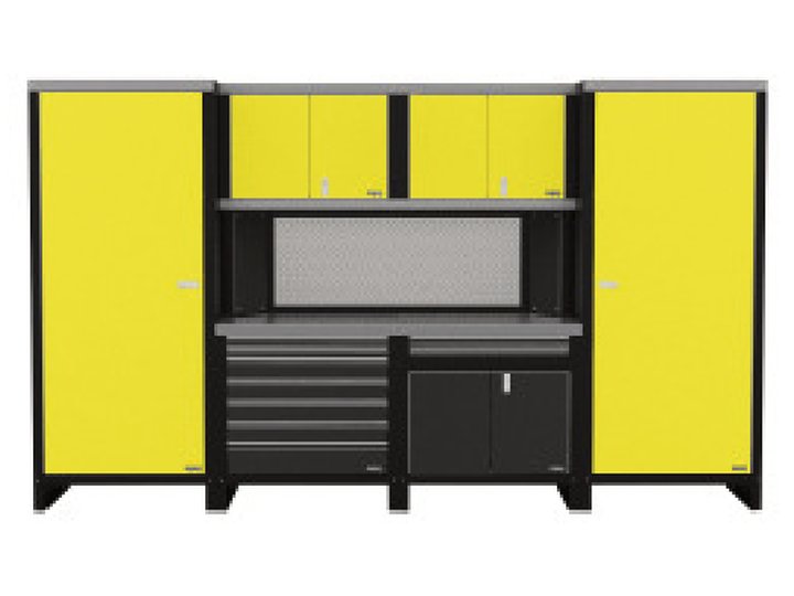 Free-standing 4: Two closets, two uppers, a double-drawer lower and a tool chest