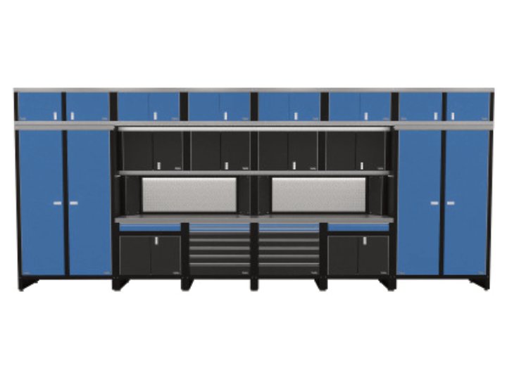 Free-standing 6: The same wall with a second row of uppers above, two tool chests below