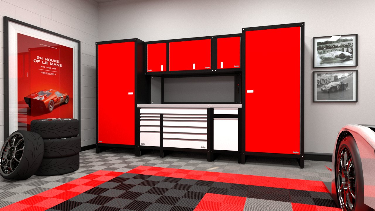 Rendered 11 foot 6 inch wall: two red closets, three uppers and a tool chest under a counter, tyres stacked beside it on a checker-plate floor