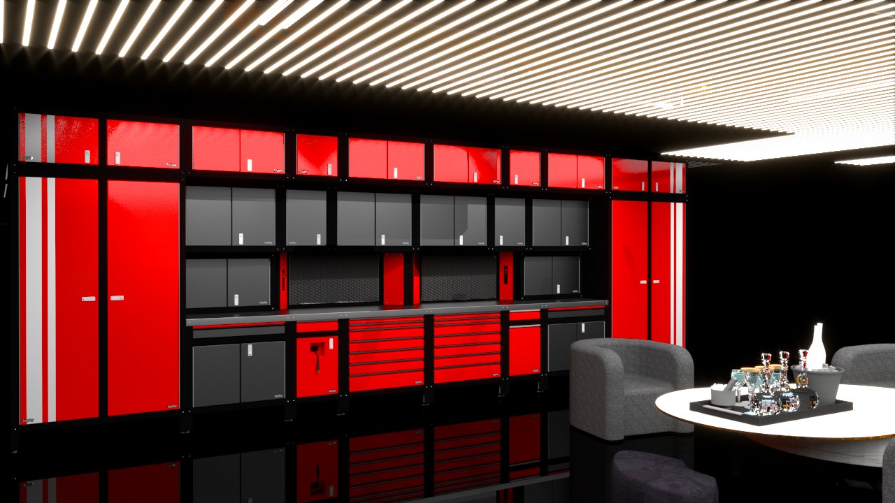 Rendered 22 foot 6 inch wall of red and black cabinets: closets at each end, a row of uppers over drawer banks and lowers, under a slatted ceiling