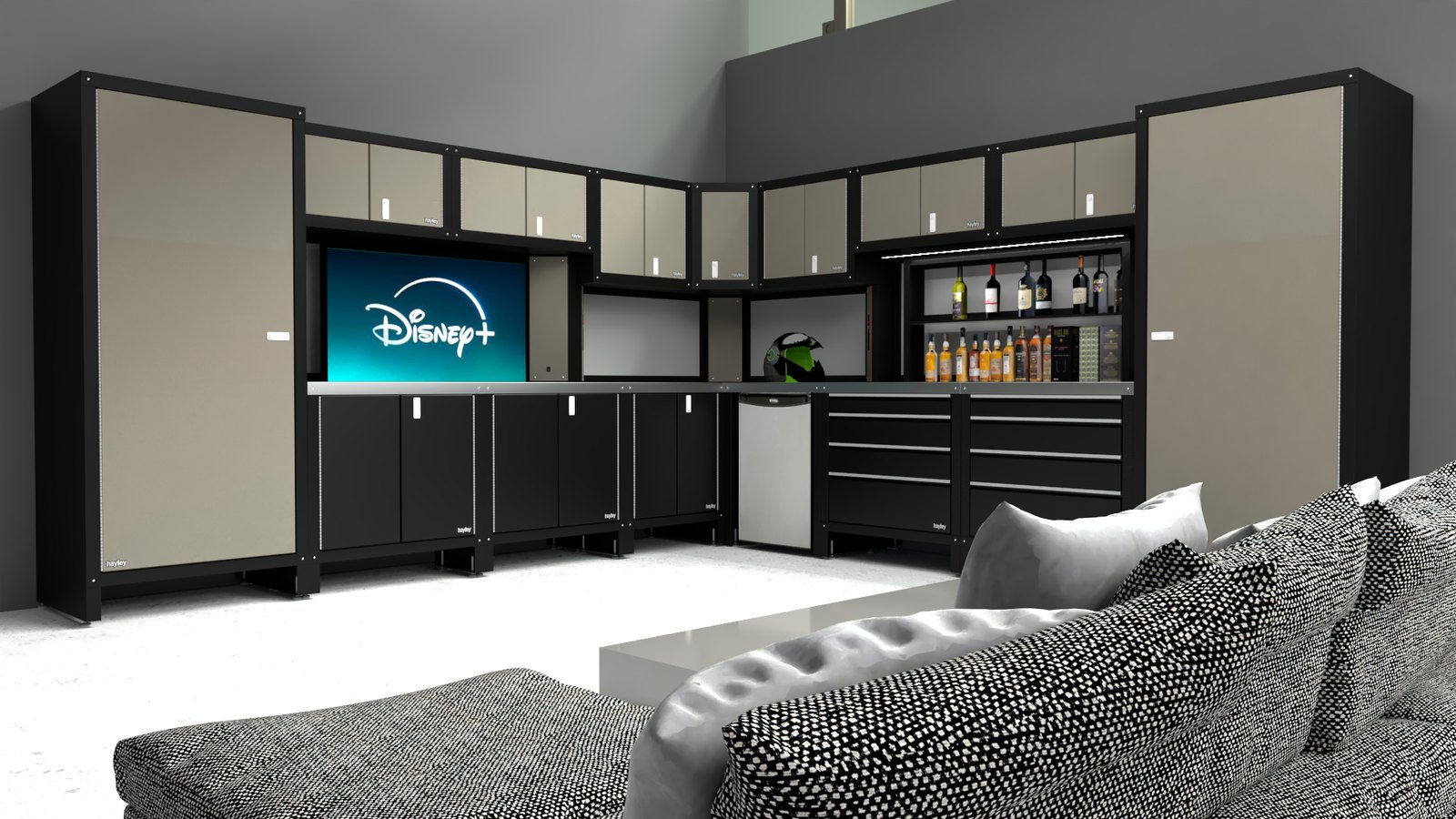 Rendered corner run in cream and black with the cabinets turning the corner, a screen in the uppers and a bar cabinet