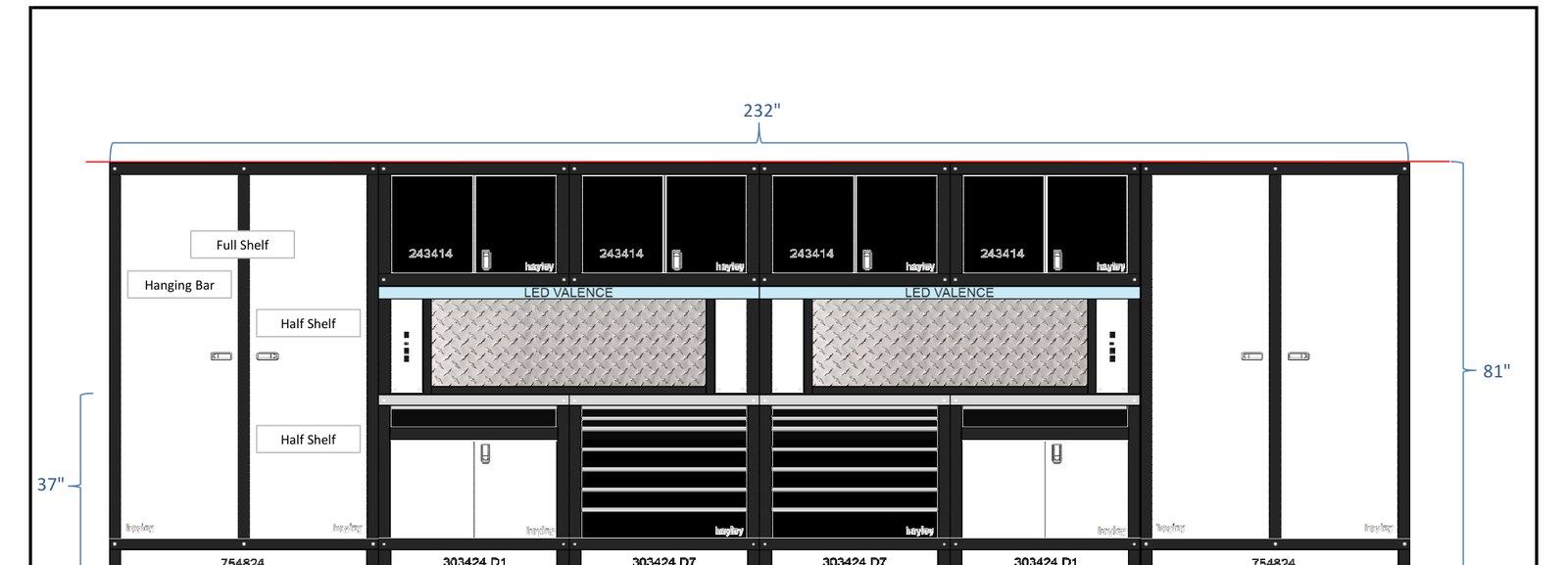 Hayley shop drawing of a 232 inch wall: two closets, four uppers with LED valances, drawer stacks and lowers under two counters, every piece dimensioned